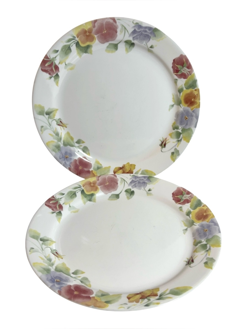 Corelle Corning Summer Blush 2 Dinner Plates Pink Yellow Blue Pansies 10.25